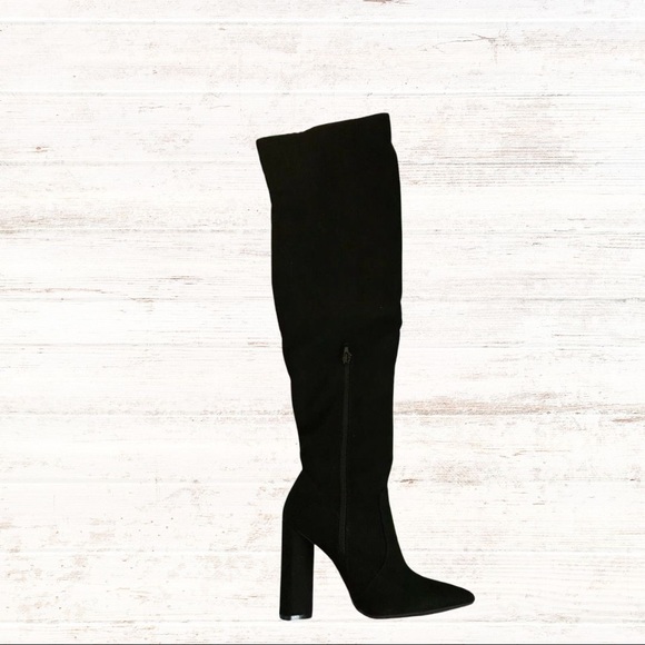 NIB Qupid Black Velvet Floral Embroidered Over-The-Knee High Heel Boots 5.5 - Picture 12 of 14